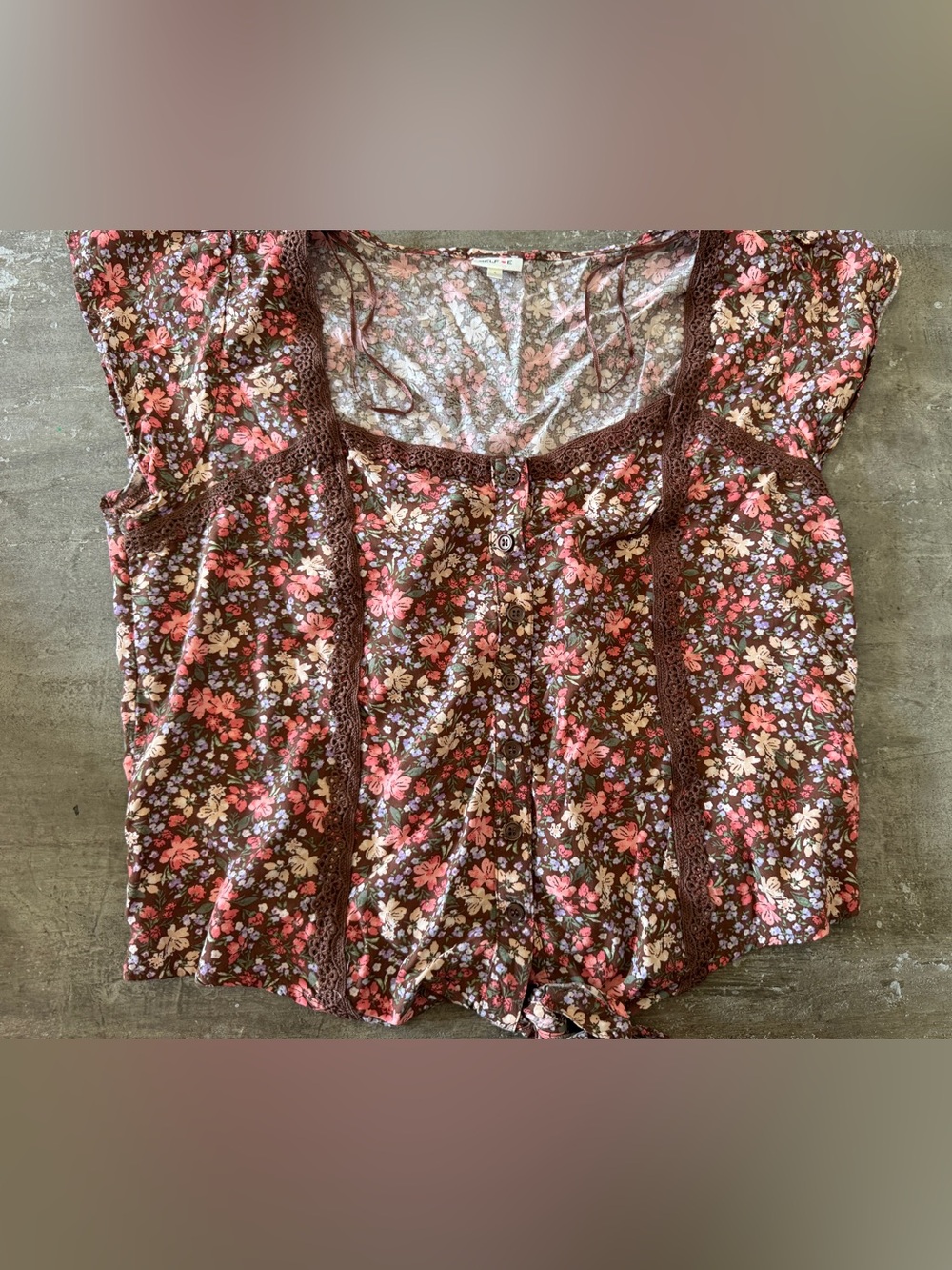 Self Esteem Brown Floral Lace-Trim Button Front Blouse